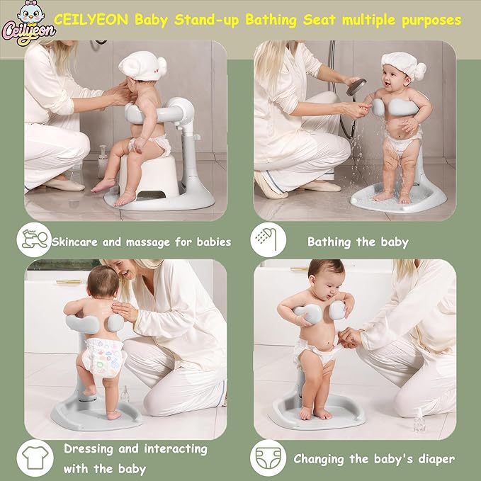 Baby Bath Stand with Adjustable 5 Levels – Foldable Infant Bath Seat for 6+ Months, Non-Slip & Easy-Clean Design, Travel-Friendly Cream Bath Support (No Assembly, Space-Saving)