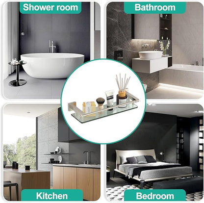 Glass Shelves for Bathroom, 16IN Brushed Nickel Bathroom Shelves for Wall Rectangular Stainless Steel Tempered Glass Modern use for Shelf Sink Over Toilet