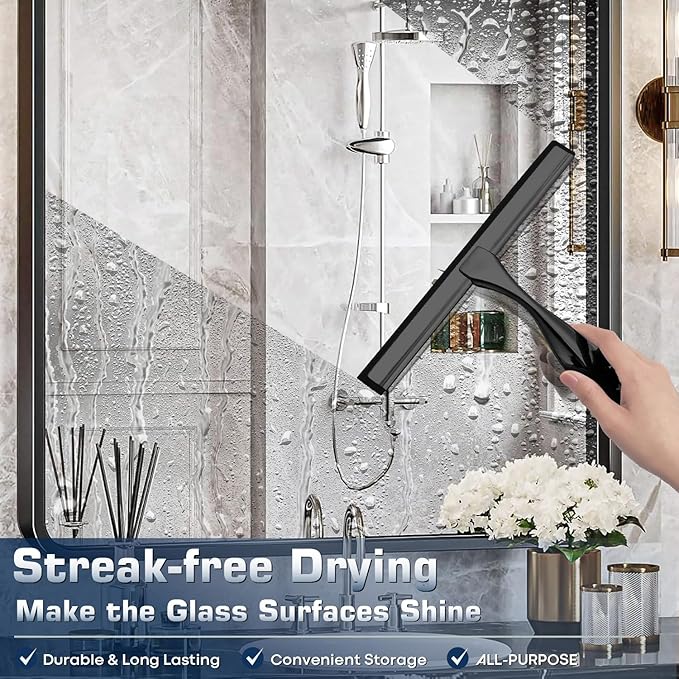 Stainless Steel Shower Squeegee for Glass, Includes 3 Adhesive Hooks, Shower Door Squeegee for Bathroom, Household Window, Car Windshield, Mirrors, Tiles Scrubber Clear, 12 inch Black