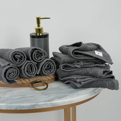 Tens Towels Pack of 24 Washcloths, 12 x 12 Inches, Lighter Weight, Quick to Dry, Super Soft & Absorbent, Gentle Face Towels, Hotel Quality, Perfect for Bathroom, Gym, Spa (Dark Grey, 24 Pack)