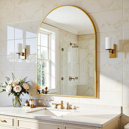 Arched Mirror 24"x36", Bathroom Mirror, Wall Mounted Vanity Mirror with Arch Metal Frame for Bathroom, Over Sink, Bedroom, Living Room, Flat Frame, Gold