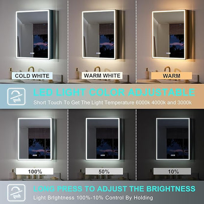 WELLFOR 24" X 30" LED Mirrored Medicine Cabinet, Medicine Cabinets with Lights for Bathroom, Defogging Mirror, Led Medicine Cabinet, Recessed or Surface Mounted, Single Right Opening Door
