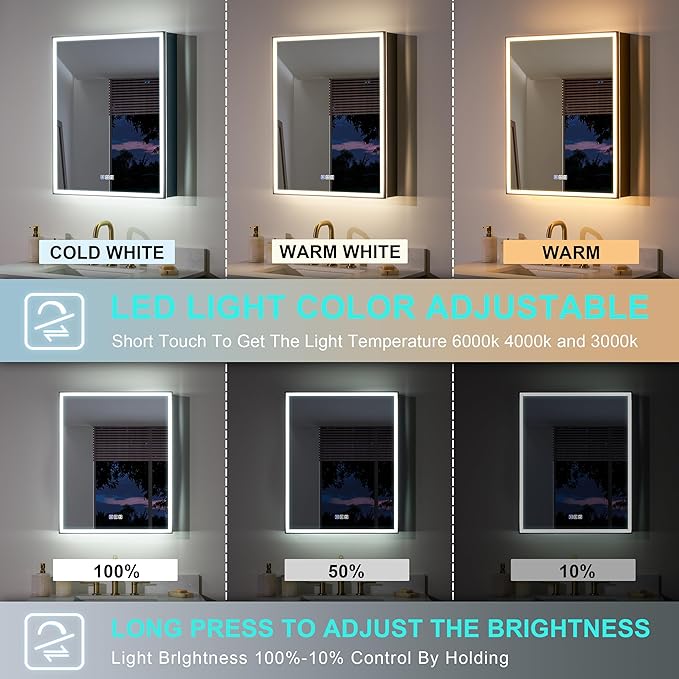 WELLFOR 24" X 30" LED Mirrored Medicine Cabinet, Medicine Cabinets with Lights for Bathroom, Defogging Function Mirror Cabinet, Bathroom Medicine Cabinet with USB Port & Outlet, Left Opening Doors