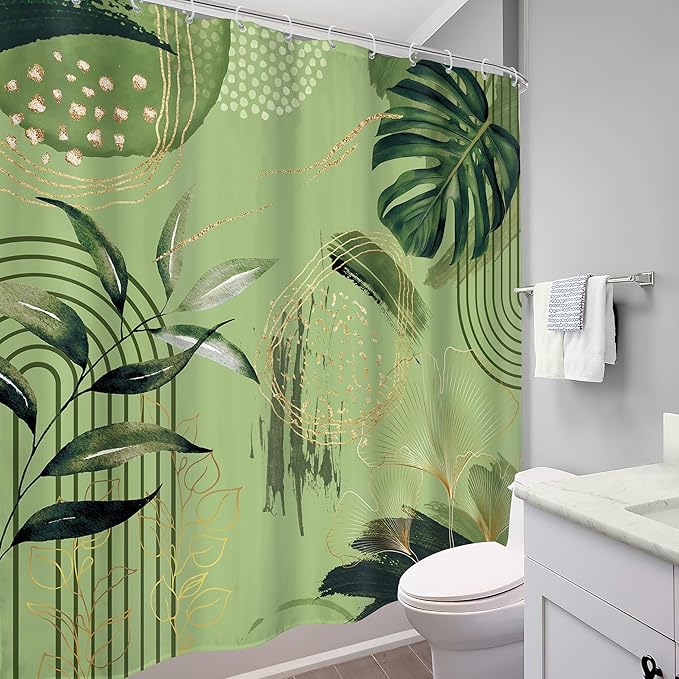 Sage Green Boho Shower Curtain 72Wx72H Abstract Mid Century Tropical Palm Leaves Gold Plant Geometric Minimalist Botanical Bathroom Decor Modern Bath Curtain Fabric Polyester 12 Pack Hooks