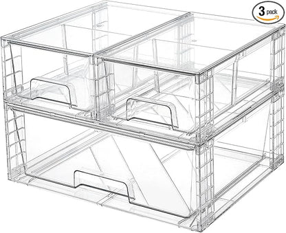 Vtopmart 3 Pack Stackable Storage Drawers, Easily Assemble Acrylic Bathroom Undersink Organizers,Clear Plastic Storage Bins for Closet,Cabinet,Pantry,Medicine Organization