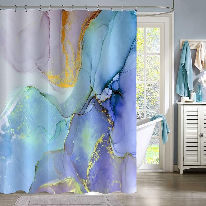 Gibelle Long Shower Curtain 72 x 78, Tall Abstract Marble Fabric Shower Curtain, Blue Purple Jade Texture Gold Stripes Ombre Ink Art Decor Bathroom Curtains Set