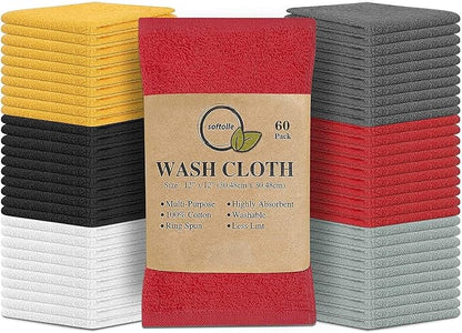 Softolle 100% Cotton Ring Spun Wash Cloths – Bulk Pack of Washcloths – 12x12 Inches – Wash Cloth for Face, Highly Absorbent, Soft and Face Towels (Assorted, 60 Pack)