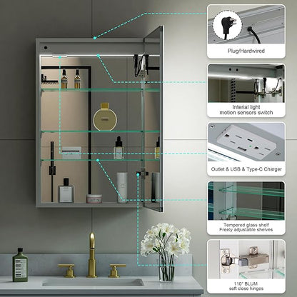 WELLFOR 20" X 30" LED Medicine Cabinet with Mirror, Single Right Opening Door, Recessed or Surface Cabinet Mirror, Bathroom Mirror Cabinet, Medicine Cabinet with Lights with Outlets & USB Ports