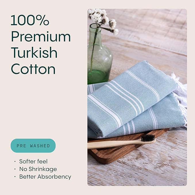 WETCAT Turkish Hand Towels with Hanging Loop, Set of 2 (20" x 30") 100% Turkish Cotton, Pre-Washed, Quick Drying, for Kitchen or Bathroom - Teal