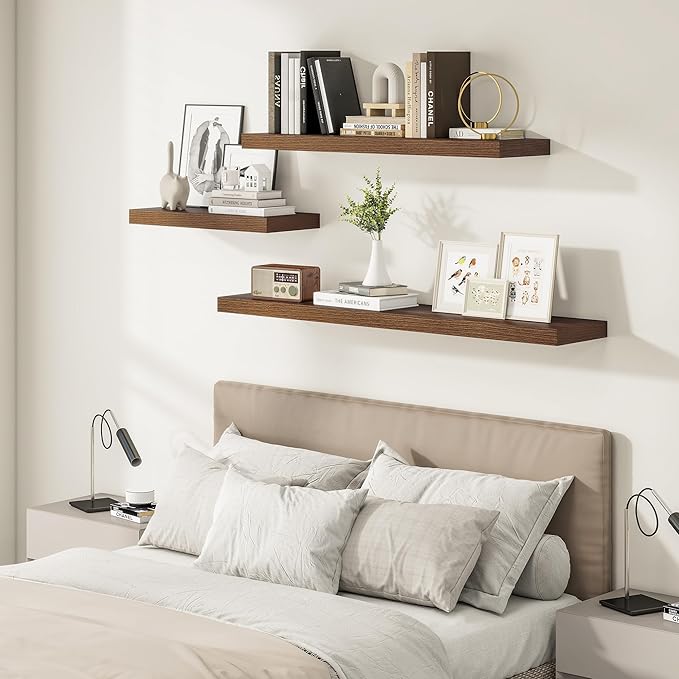Vivelove Wide Floating Shelves for Wall 12 Inch Deep, 55" X 12" X 2" Floating Shelf, 2 Inch Thick Shelf for Living Room Bathroom Bedroom Kitchen Book Room, Rustic Farmhouse Decor Set of 2, Walnut