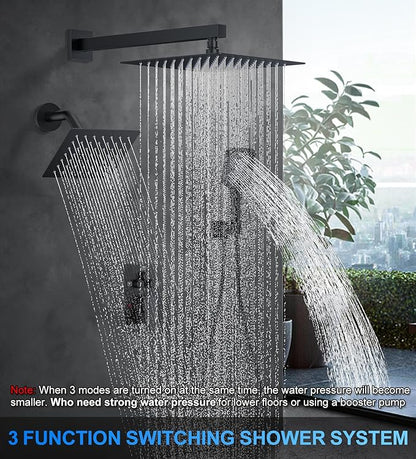 Shower Faucet Set, 10" Wall Mount Rainfall Shower System with 2 Rain Shower Head and Multi-function Handheld Head Push Button Diverter Shower Faucet Trim Kit Matte Black