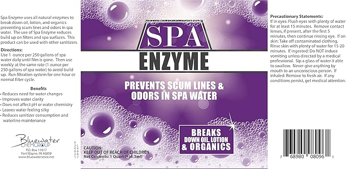 Spa & Hot Tub Enzymes - Quart - Prevents Scum Lines & Odors in Hot Tub & Spa Water, Breaks Down Oil, Lotion and Other Organics