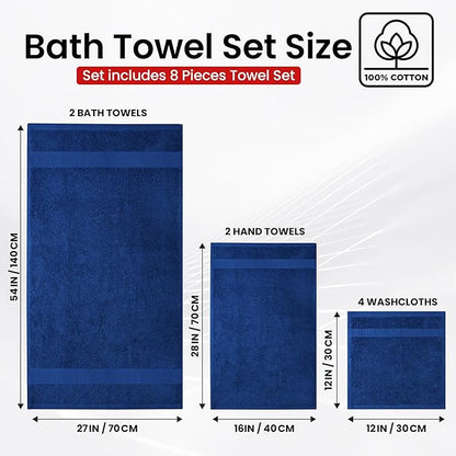 Infinitee Xclusives Luxury 100% Cotton Towel Set – 8 Piece Bathroom Towel Set (2 Bath Towels, 2 Hand Towels, 4 Washcloths) – Soft & Absorbent Towels for Bathroom (Tranquil Navy)