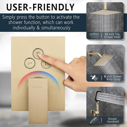 Shower Faucet Set Rainfall Shower System Push Button Diverter Shower Faucet with 4 in 1 Handheld, Ceiling Mount 12 Inch Shower Head and 6 Inch Wall Mount Shower Head