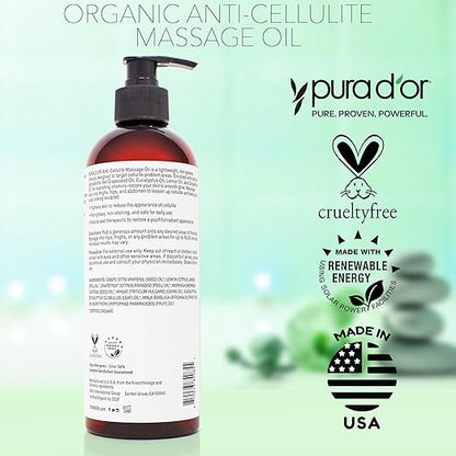 PURA D’OR 16 Oz Organic Anti-Cellulite Massage Oil for Toned Legs and Butt - Lemon Peel, Moringa, Grape Seed, Grapefruit & Eucalyptus Oils - Skin Firming & Tightening