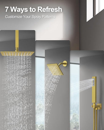 Thermostatic Shower System, Dual Rainfall Shower Heads for Ceilling & Wall Mounted with Handheld Sprayer, Brushed Gold