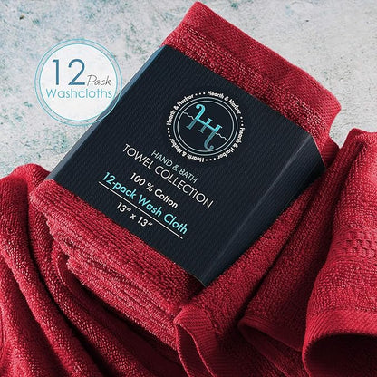 Hearth & Harbor Washcloths 12 Pack - 100% Cotton Washcloth for Body and face, High Absorbent and Soft 13"x13" Body Wash Cloth, Quick Dry - Red Washcloths
