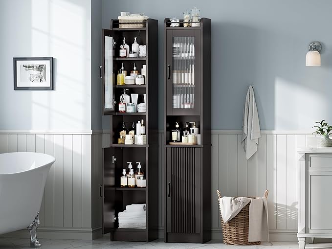 Tall Bathroom Storage Cabinet, Narrow Storage Cabinet with Adjustable Shelf Thin Linen Tower Two-Way Doors Contemporary Cabinet for Bathroom, Kitchen, Living Room, Espresso