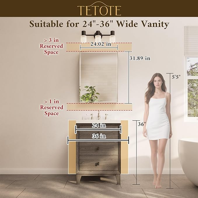 TETOTE 24 x 32 Bathroom Mirror Cabinet with Tempered Beveled Mirror Silver Medicine Cabinet Aluminum Cabinet DTC Hinges, Stepless Adjustable Shelves, Recessed/Surface-Mounted