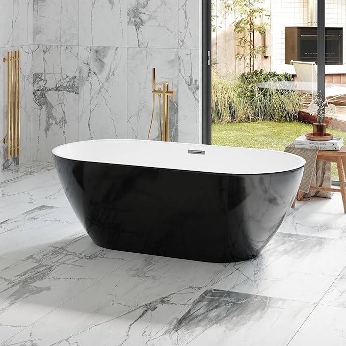 67 Inch Acrylic Freestanding Bathtub, Acrylic Soaking Bathtub with Matte Drain and Overflow, Deep Ergonomic Tub with Double-Walled Insulation, CUPC Certified, Modern Square Design