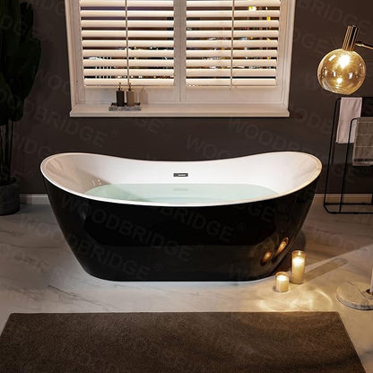 WOODBRIDGE 71" Acrylic Freestanding Bathtub Contemporary Soaking Black Tub with Brushed Nickel Overflow and Drain,Black,B1817-BN