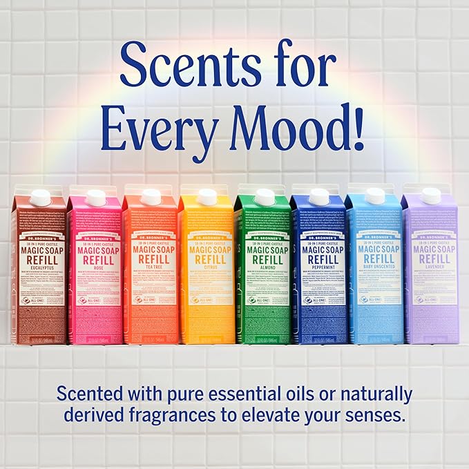 Dr. Bronner's Magic Soap Pure-Castile Liquid Soap Refill - Made with Regenerative Organic Certified Oils - 18-in-1 Uses for Face, Body Wash, Hand Soap Refill, Vegan Bath Soaps- Almond, 2-Pack, 32oz