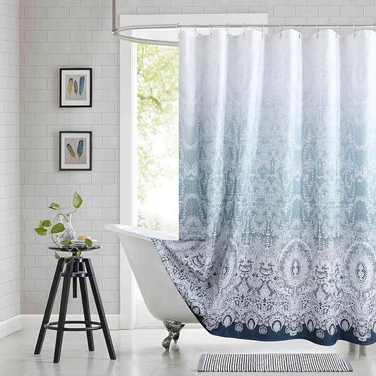 Chantilly Lace Shower Curtain - Heavyweight Polyester, Storm Blue to White Ombre Design, 72" W x 72" H