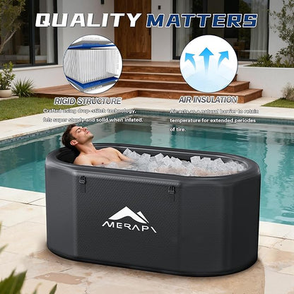 Merapi XL 170 Gal Cold Plunge Tub with Seat Cushion, 57in Large Inflatable Ice Bath Tub for Athletes Recovery, Portable Ice Bath Tub Compatible with Water Chiller, w/Dust Cover, Pump & Storage Bag