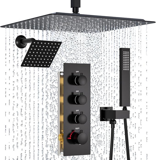 Enga Thermostatic Dual Rain Shower System (Eco-Performance), Shower Faucet Set with 16"+6" Rain Shower Heads & Handheld, All Functions Simultaneous, Adjustable Volume, Matte Black
