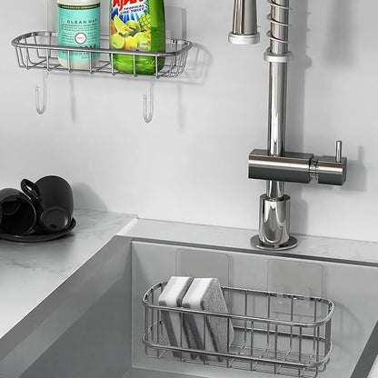 Simple Houseware Bathroom Adhesive Wall Mount Standard Shower Caddy w/Hooks, Chrome, 2 Pack
