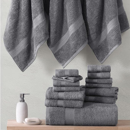 LANE LINEN 100% Cotton Bath Towels Set - 24 PCs - Durable, Quick Dry, Super Soft & Highly Absorbent - 4 Bath, 4 Fingertip, 6 Hand Towels, 8 Washcloths, 2 Bath Sheets - Perfect Family Set - Cool Grey