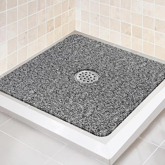Shower Mat Non Slip,27 x 27 Inch Extra Large Bath Mat with Drain,Soft Square Loofah Shower Stall Mat Bathtub Mat for Bathroom,Without Suction Cups (Black White)