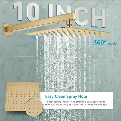 gotonovo Rainfall Bathroom Shower System Rain Shower Head and Handle Set Wall Mounted Shower Complete Combo Solid Brass Pressure Balancing Shower Mixer Valve 10 Inch Brushed Gold