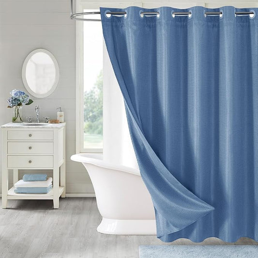 MitoVilla No Hooks Needed Extra Long Shower Curtain Liner Set, Blue 86 inch XL Heavyweight Waffle Fabric Cloth Shower Curtains Set with Snap-in Liner for Modern Luxury Hotel & Spa Bathroom Decor