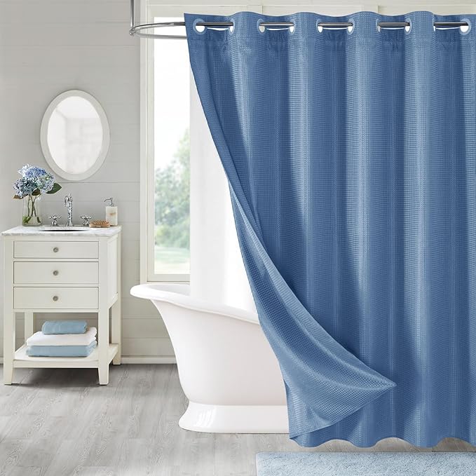 MitoVilla No Hooks Needed Blue Waffle Shower Curtain Liner Set, Modern Waffle Weave Heavy Duty Fabric Cloth Shower Curtain with Snap-in Liner for Luxury Neutral Hotel Spa Bathroom Decor
