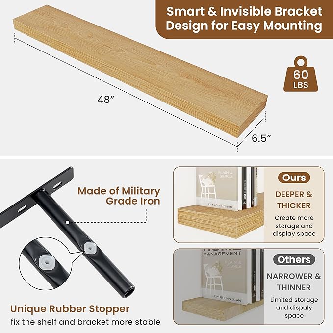 fuqing Floating Shelves for Wall, Wall Mounted Wood Floating Shelf with Invisible Brackets for Living Room, Bathroom, Bedroom, Kitchen Storage and Decor, 48 Inch Set of 2, Oak