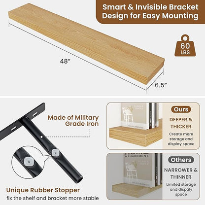 fuqing Floating Shelves for Wall, Wall Mounted Wood Floating Shelf with Invisible Brackets for Living Room, Bathroom, Bedroom, Kitchen Storage and Decor, 48 Inch Set of 2, Oak
