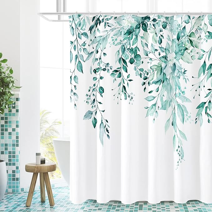 Gibelle Teal Eucalyptus Shower Curtain, Watercolor Plant Leaves with Floral Bathroom Shower Curtain Set with Hooks, 72x72