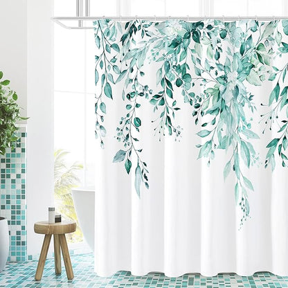 Gibelle Long Shower Curtain 72 x 78, Teal Floral Shower Curtain for Bathroom, Watercolor Plant Eucalyptus Leaves Fabric Shower Curtain Set