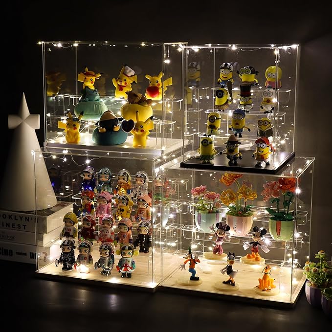 Choowin 5 Tier Clear Acrylic Display Case for Collectibles, Mini Figures, Pop Mart, Labubu, Sonny Angel, Smiski - Assemble Dustproof Acrylic Display Box with Door, Stand (Black Base, Clear Step)