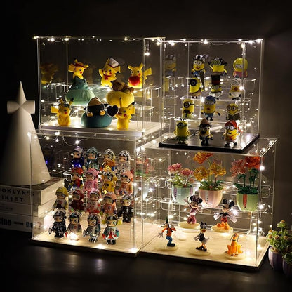 Choowin 5 Tier Clear Acrylic Display Case for Collectibles, Mini Figures, Pop Mart, Labubu, Sonny Angel, Smiski - Assemble Dustproof Acrylic Display Box with Door, Stand (Black Base, Clear Step)