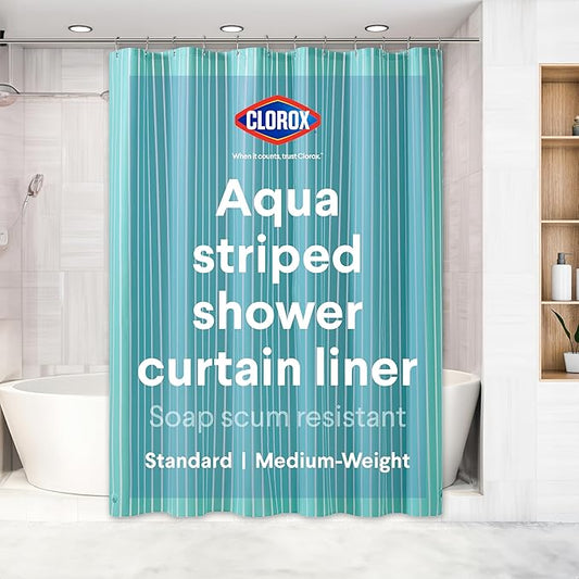 CLOROX Shower Curtain Liner, Premium Striped Medium-Weight Durable Waterproof 6g PEVA for Bathroom with Weighted Magnets, Printed Standard Size 72" x 72", Aqua
