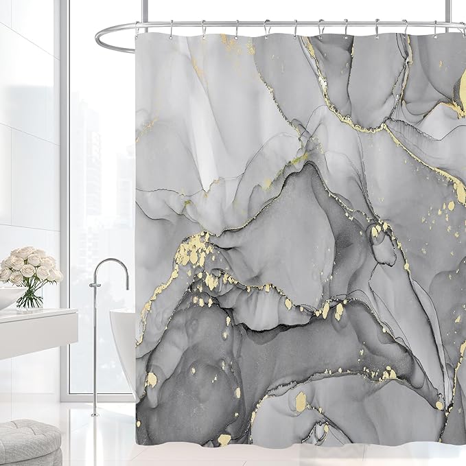 Extra Long Shower Curtain 72 x 96 Inch, Grey Floor to Ceiling X-Long Abstract Marble Shower Curtains for Bathroom, Modern Luxury Art Ink Fabric Shower Curtain Set with Hooks