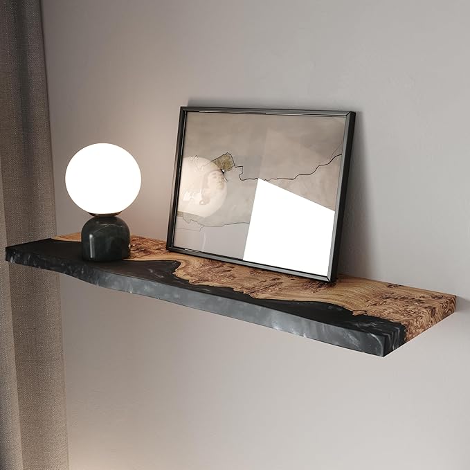 RWA Live Edge Floating Shelf – Unique Wood Floating Shelf for Wall Decor, Living Room, Bedroom, or Bathroom – Stylish Decorative Wall Shelves for Home & Office (Live Edge, Black - 24x7)