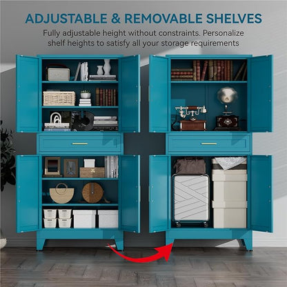71" Tall Farmhouse Pantry Cabinet,Metal Cabinets with Doors and Shelves,Storage Cabinet for Kitchen Dining Room Garage,Blue Green