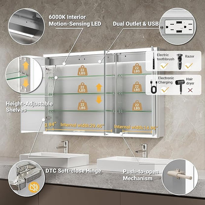 48x30 Beveled Lighted Medicine Cabinet with Mirror & Lights, Surface or Recessed Mirrored Medicine Cabinet with Outlet & Clock, Anti-Fog Dimmable LED Storage Cabinet, Built-in Sensor Light