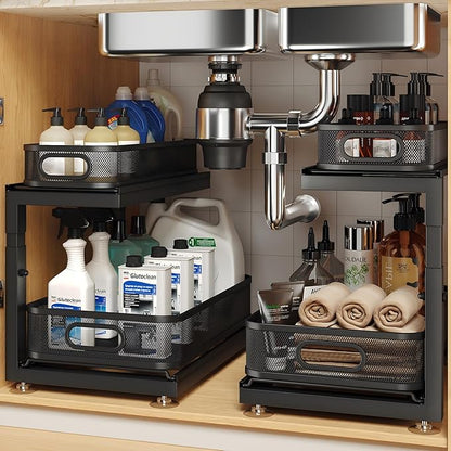 2-Pack Under Sink Storage Organizer with 2-Tier Slide Out Drawer, Sophisticated Mesh Pull Out Shelf for Kitchen & Bathroom, Fits Small Items, Upgraded Arched Track for Smooth Gliding(Patented)