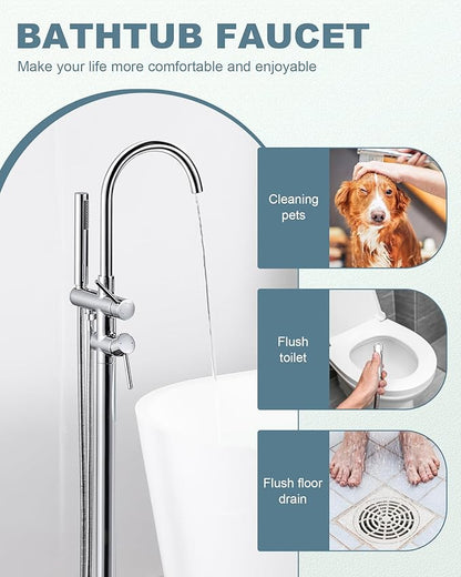 Freestanding Tub Filler Faucet Chrome: High Flow Brass Floor Mount Bathtub Filler, Swivel Gooseneck Spout with Single Handheld Sprayer for Bathroom Shower