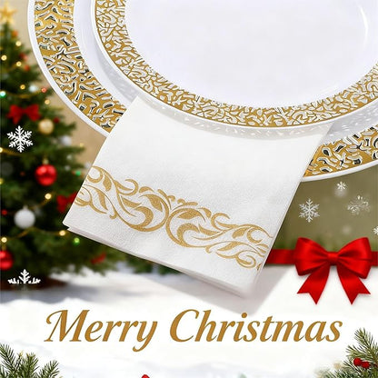 200 Disposable Hand Towels Soft and Absorbent Linen Feel Dinner Napkin Durable Decorative Bathroom Hand Napkins Good for Kitchen, Thanksgiving, Parties, Weddings, Dinners or Events White and Gold