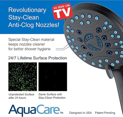 Hotel Spa AquaCare High Pressure 8-mode Handheld Shower Head - Anti-clog Nozzles, Built-in Power Wash to Clean Tub, Tile & Pets, Extra Long 6 ft. Stainless Steel Hose, Wall & Overhead Brackets